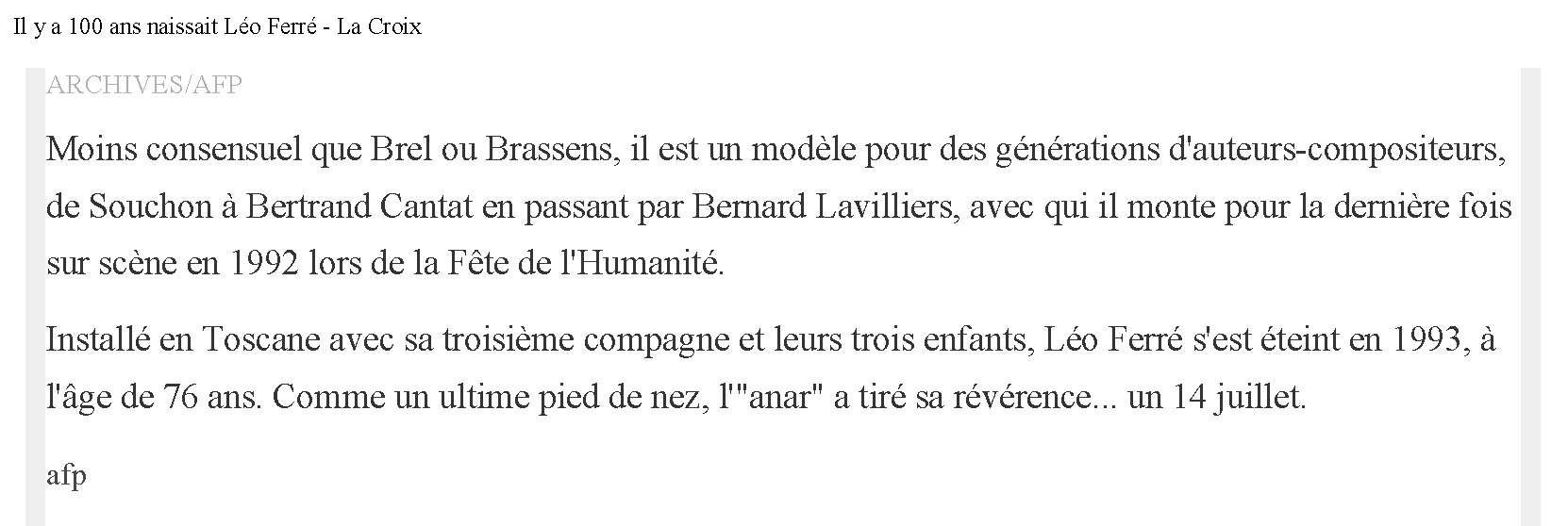 22/08/2016 La Croix Il y a 100 ans naissait Léo Ferré